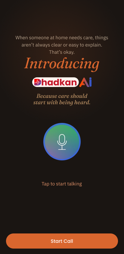 Dhadkan AI voice assistant screen - tap to start talking