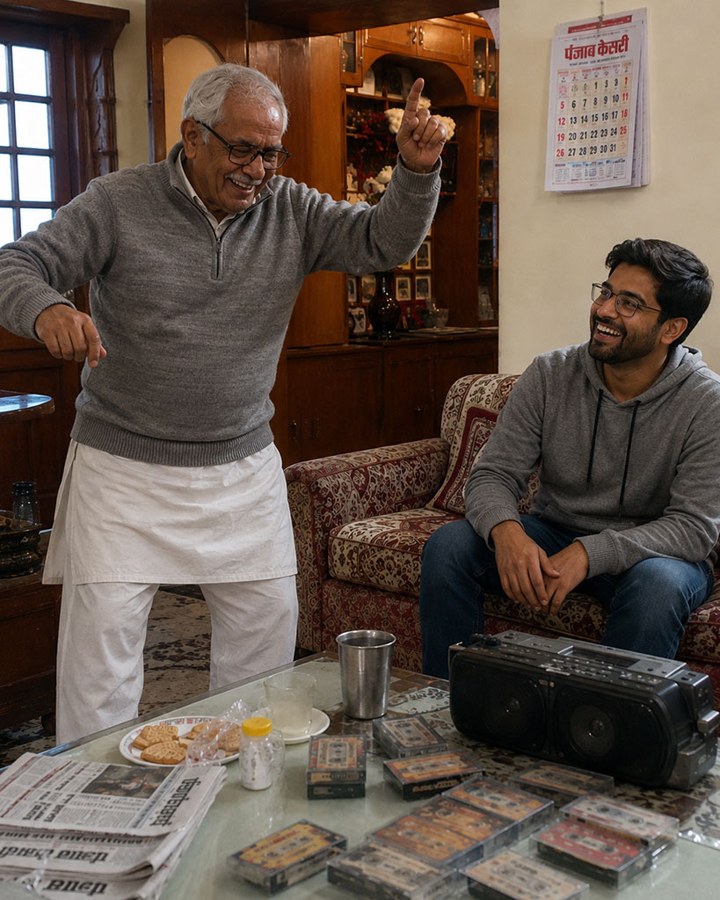Elderly man dancing joyfully with his companion, sharing old cassette tapes