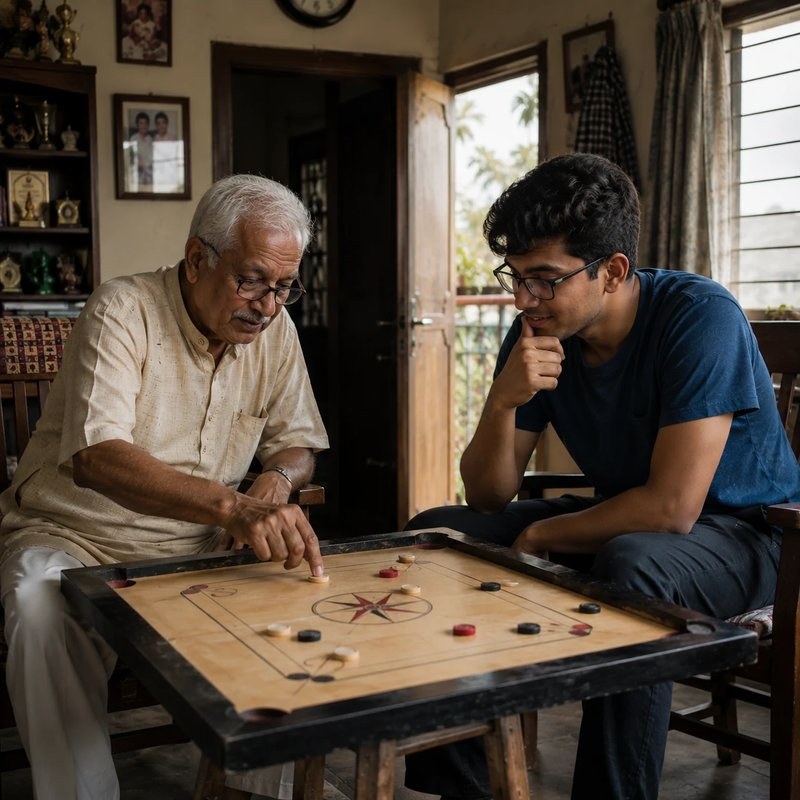 Grandfather and young companion playing carrom together at home