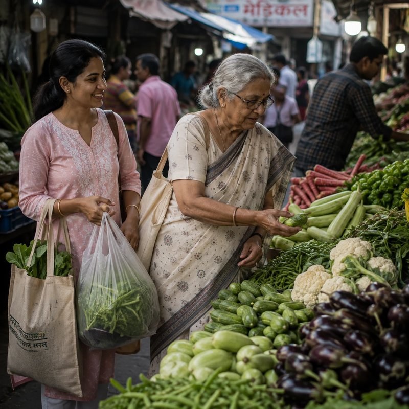 Elderly woman and companion smiling together at the vegetable market