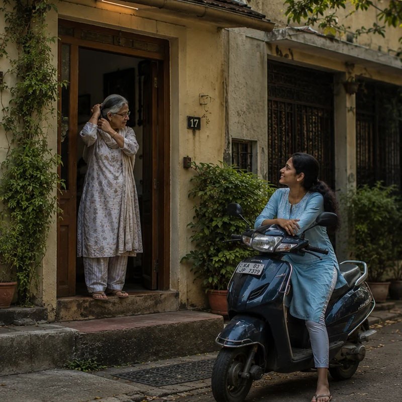 Elderly woman greeting her companion arriving on a scooter