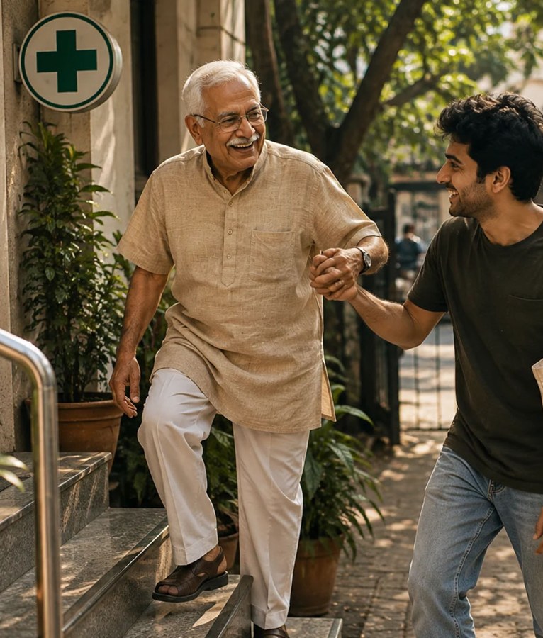 Companion helping an elderly man up the steps to a clinic appointment