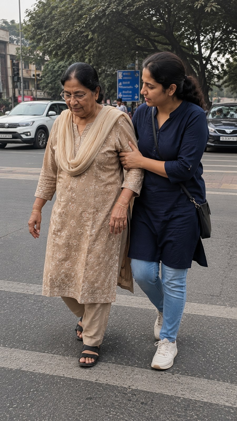 Elderly woman and companion crossing the street together