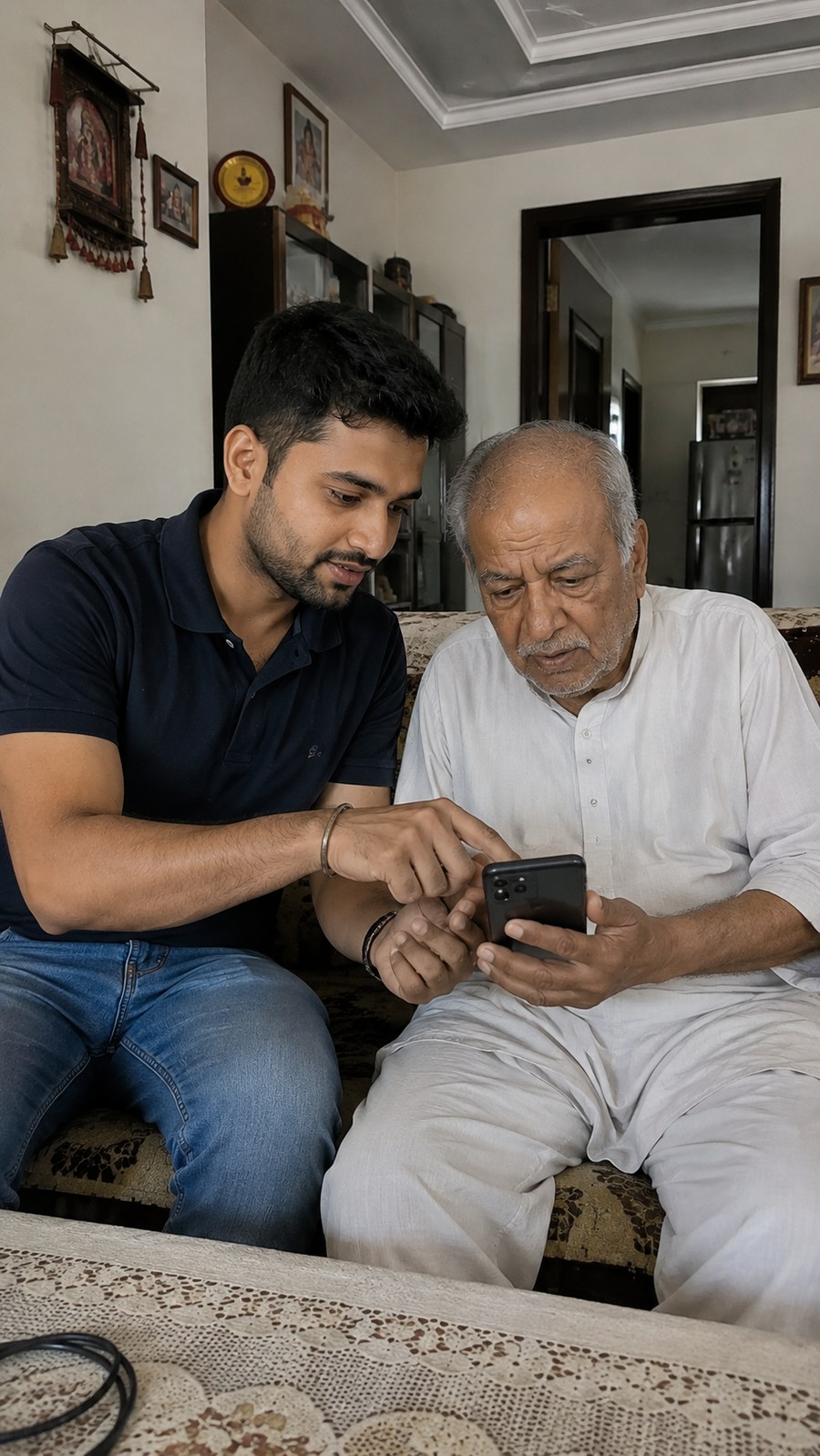 Companion helping an elderly man with his smartphone