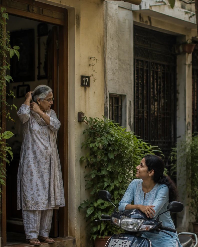 Elderly woman at her doorstep greeting her companion arriving on a scooter