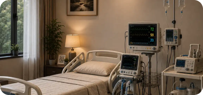 Critical care setup at home with monitoring equipment
