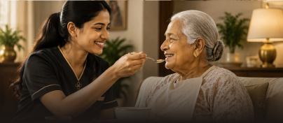 Homecare nurse supporting an elderly patient