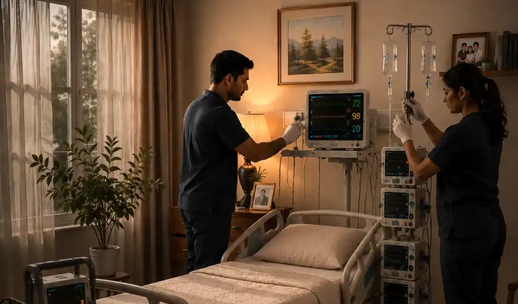 ICU medical setup at home with a nurse and doctor