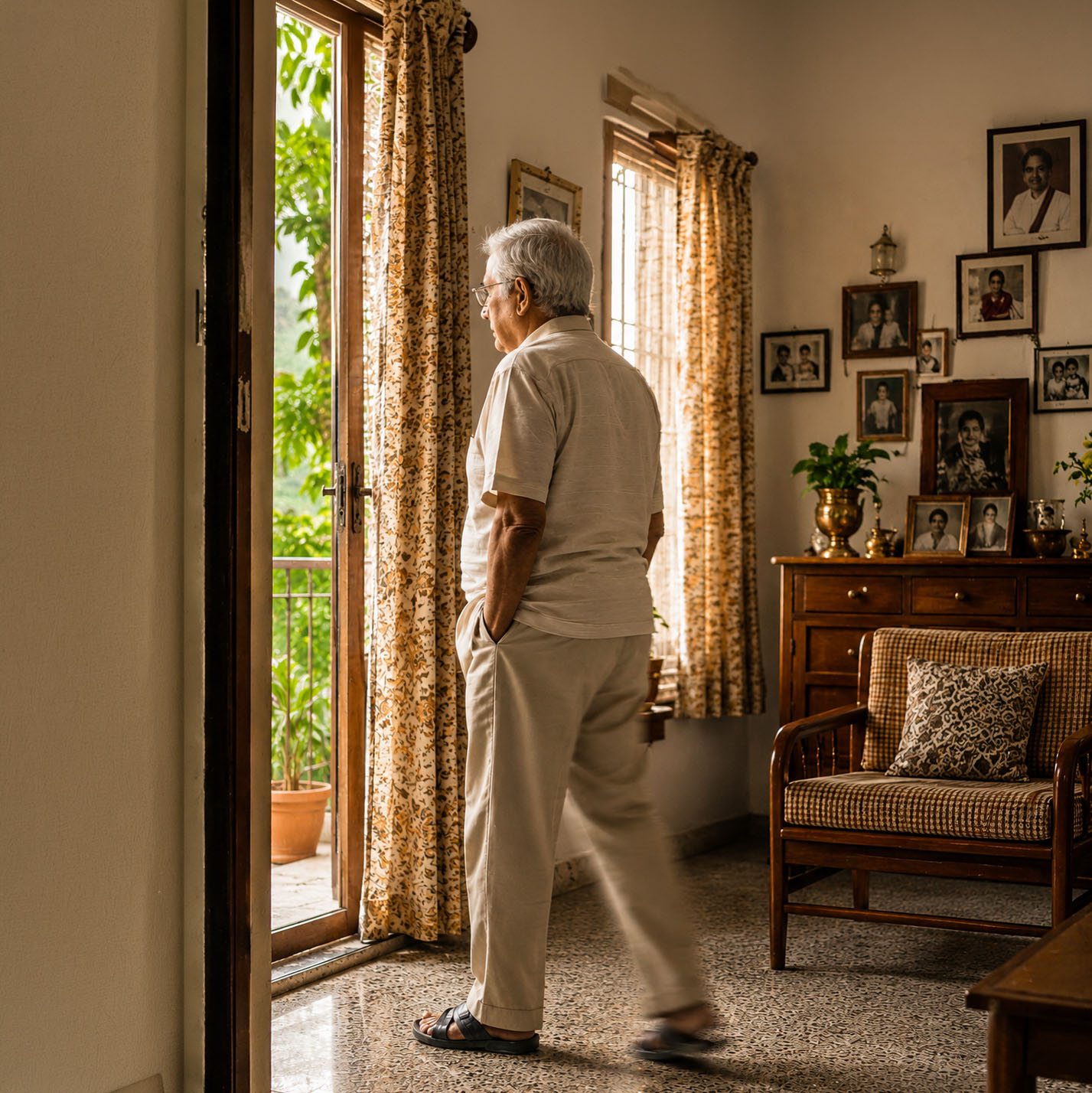 "Dad walked to the balcony again."